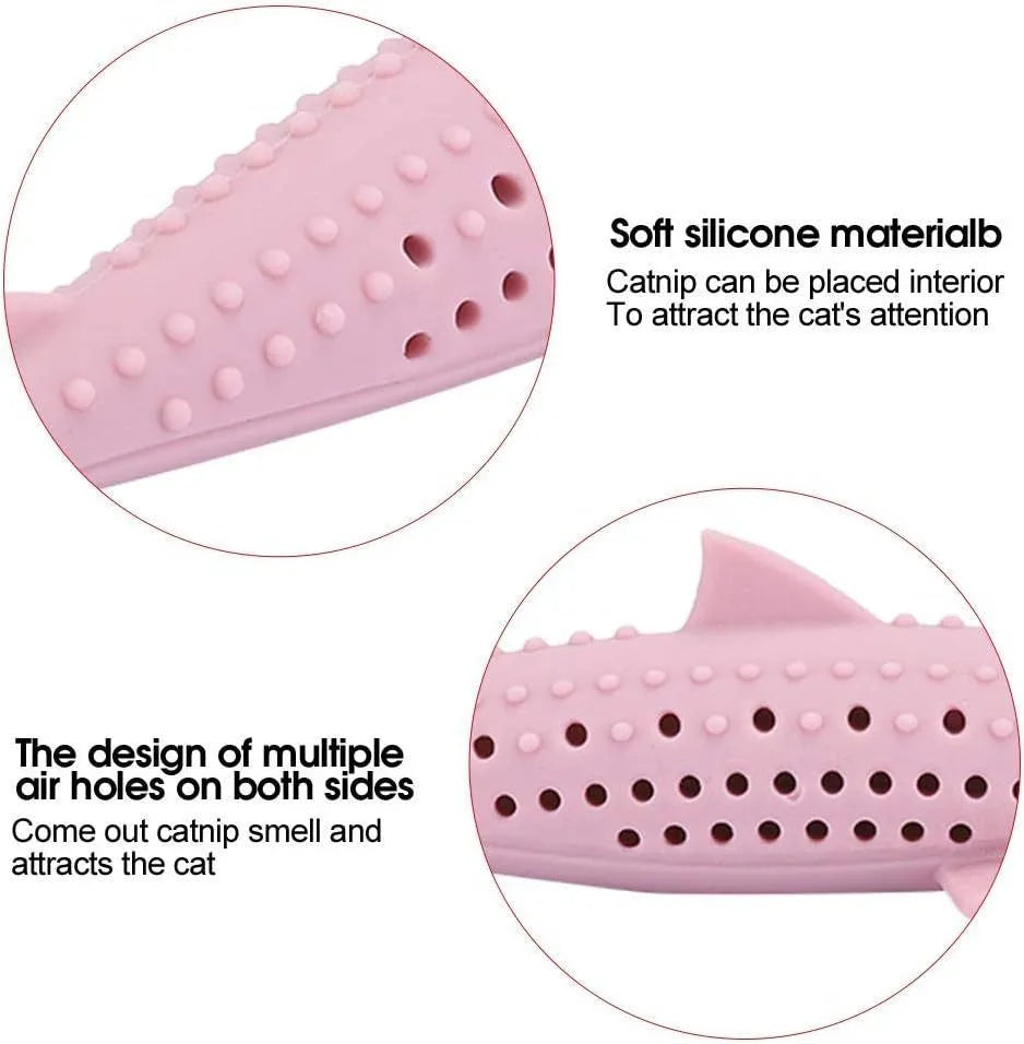 Green dolphin-shaped silicone cat chew toy with breathable side holes for catnip scent release
