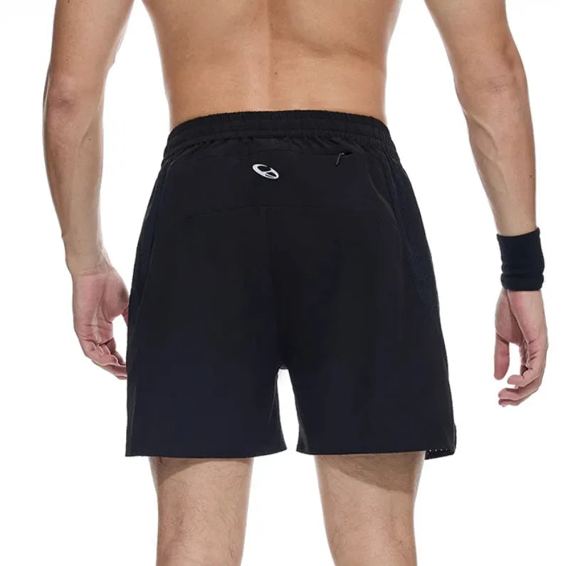 Running shorts in Mysterious Black with laser punching stitching and four-sided stretch fabric, sizes 2XL to XL.