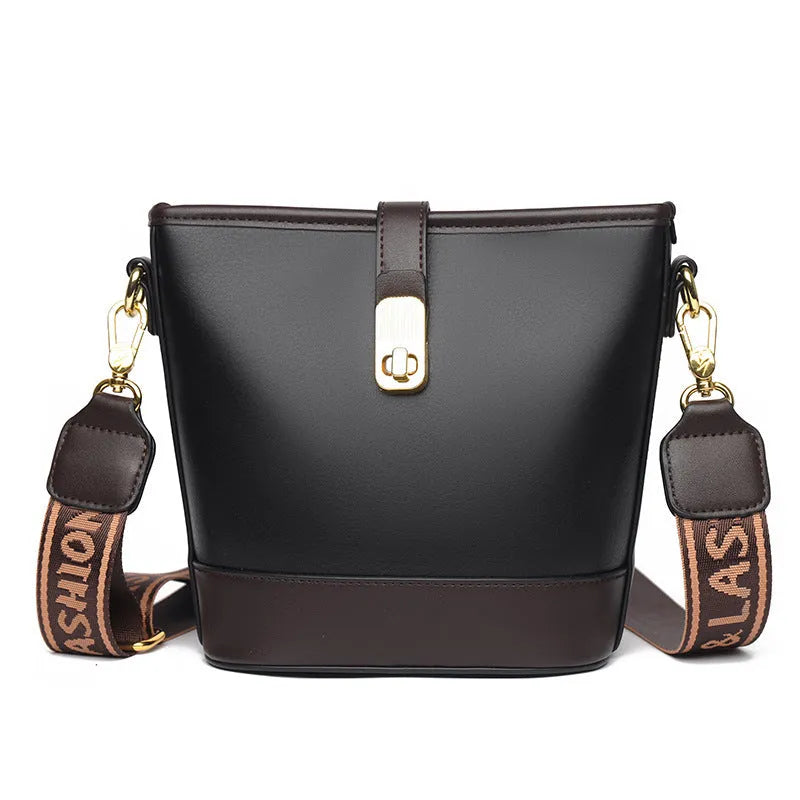 Soft black PU leather bucket bag with double shoulder straps and multiple compartments
