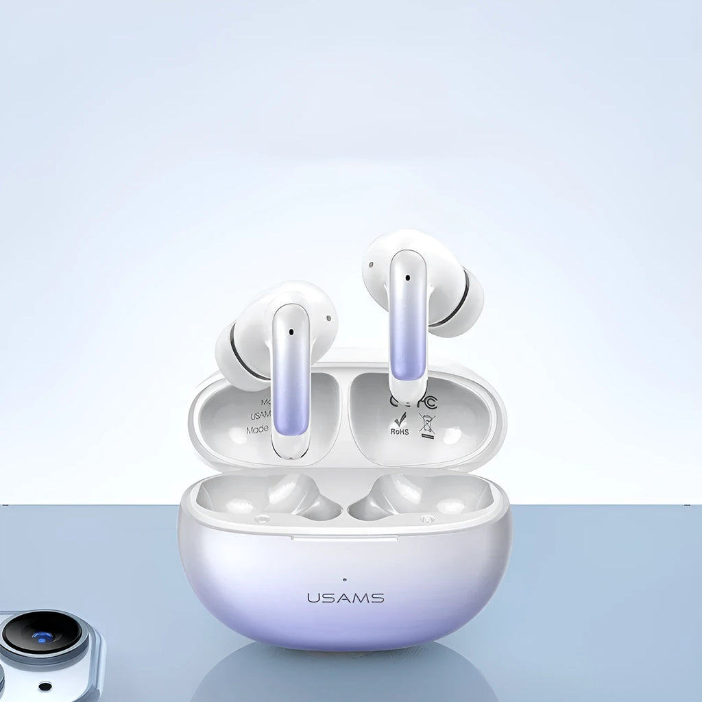 Wireless sports gaming Bluetooth headset in gradient blue colour showing in-ear design