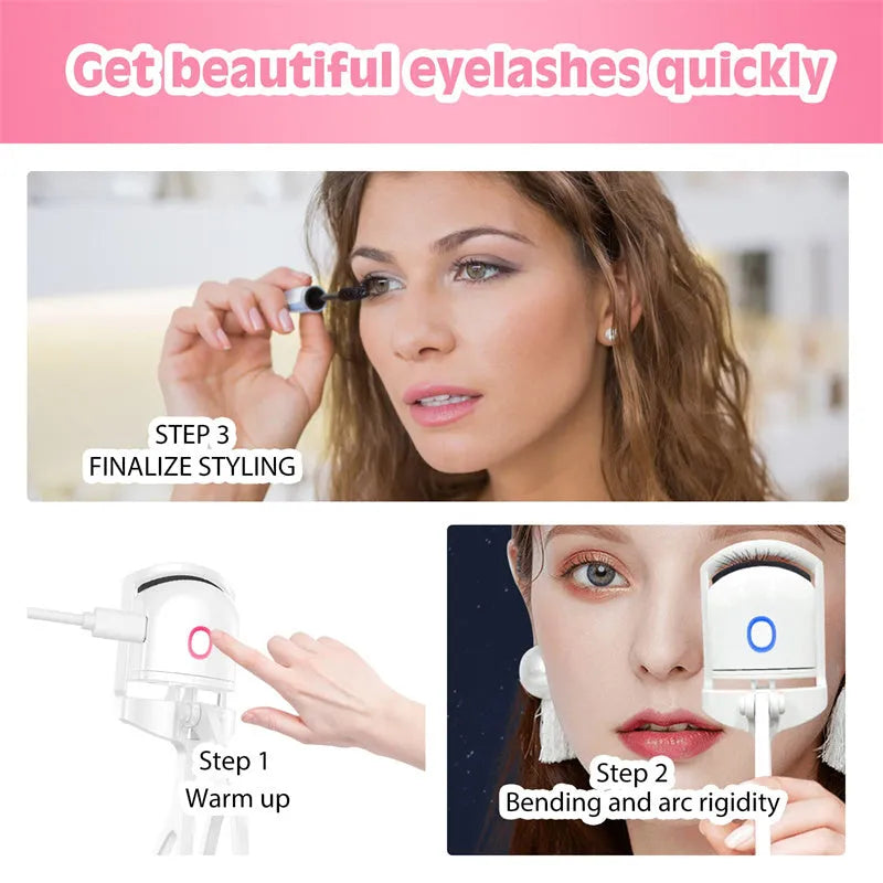 Pink and white USB rechargeable heated eyelash curler with dual temperature settings.
