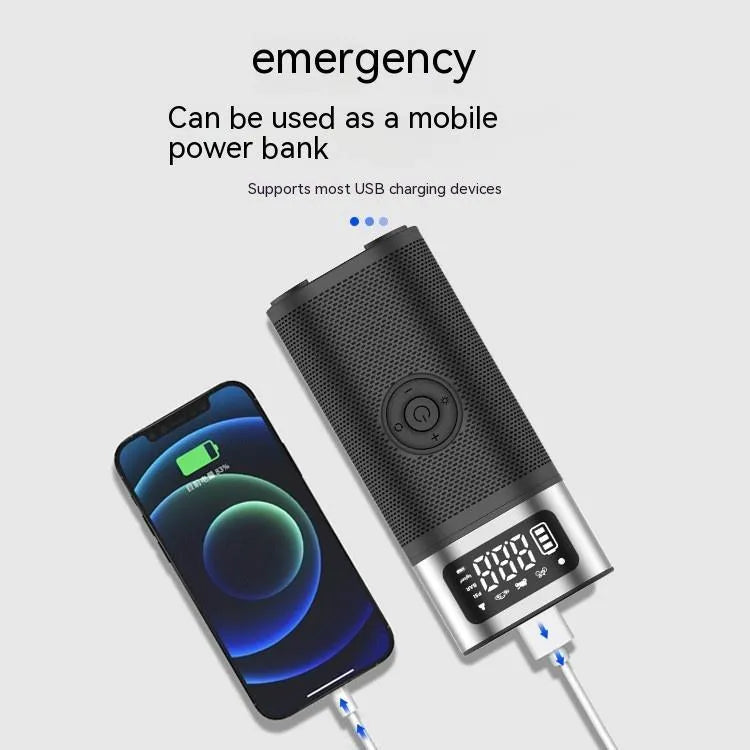Black portable wireless smart air pump with LCD screen, LED light, inflation tube, and multiple nozzles on a white background.