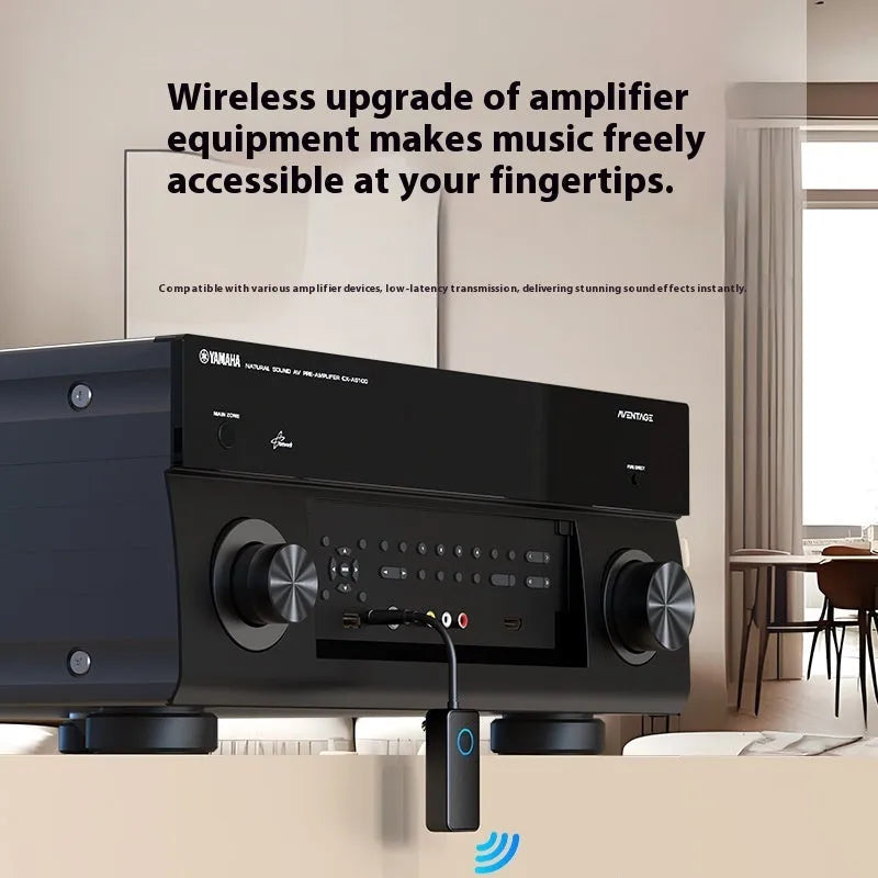 Black Bluetooth 5.4 audio adapter with flexible 3.5mm plug for wireless streaming to devices