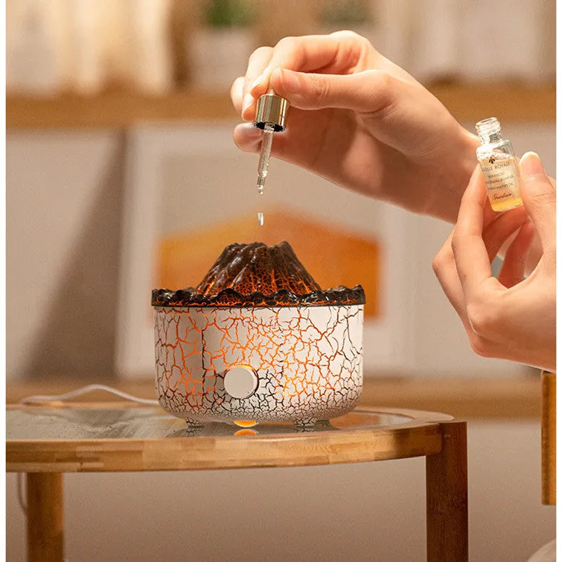 Volcanic humidifier diffuser with colourful flame effect mist and LED lighting