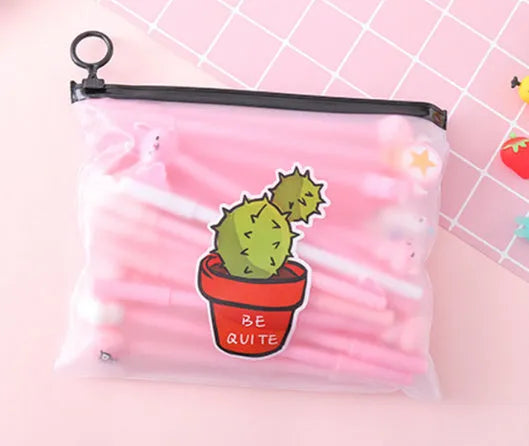 Marvel cactus cartoon pen set showing 20 black ink pens in 21x17cm plastic case with various cactus designs