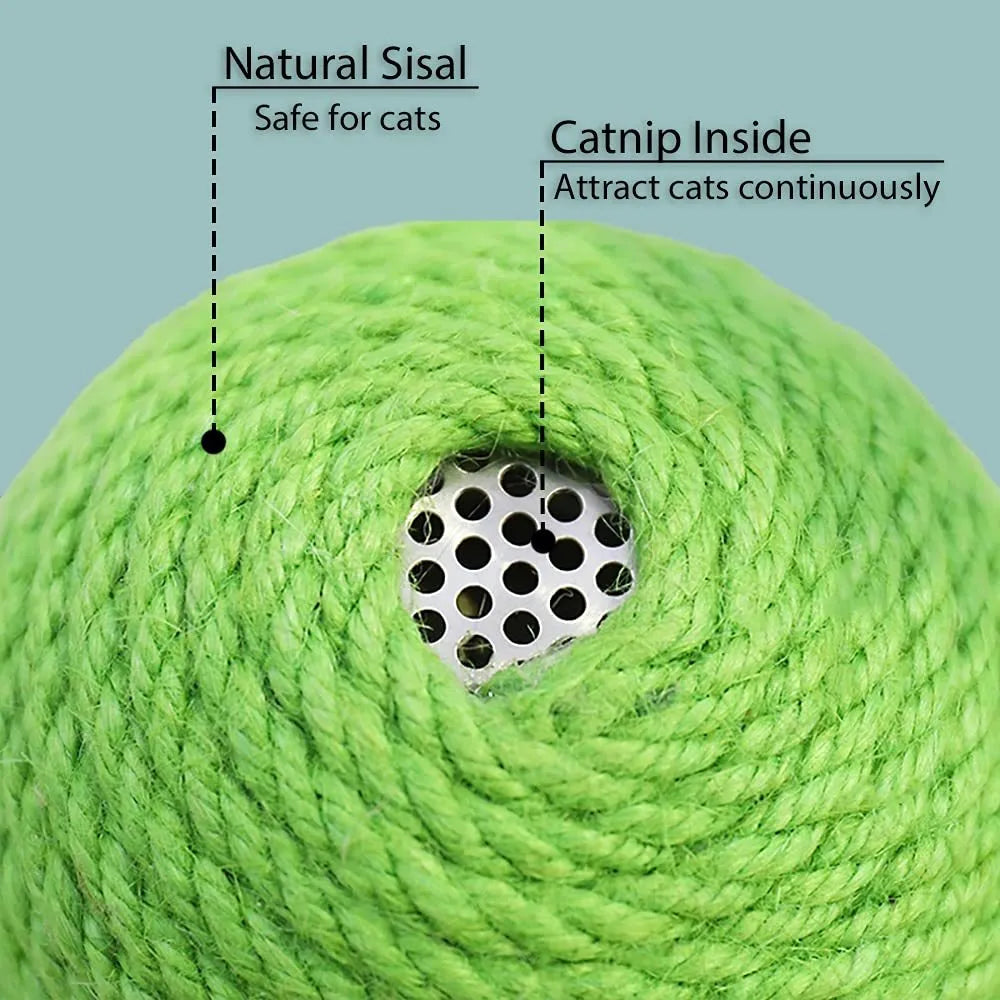 Green tumbler cactus cat scratcher with natural sisal surfaces and integrated ball toy