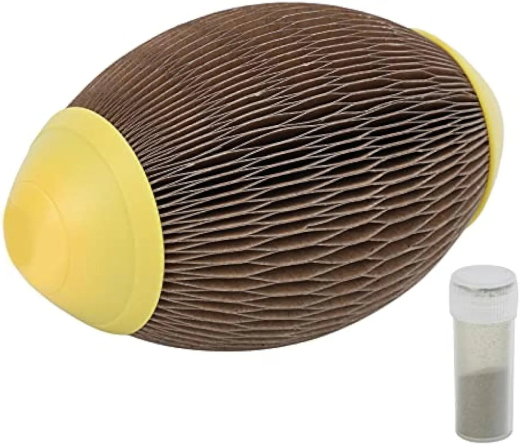 Elliptical catnip ball toy made of recycled corrugated paper, 65mm by 108mm, for scratching and play