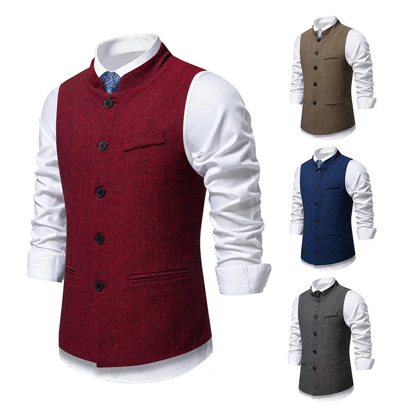 Men's retro stand collar herringbone suit vest, solid colour, polyester blend, sizes S to 2XL