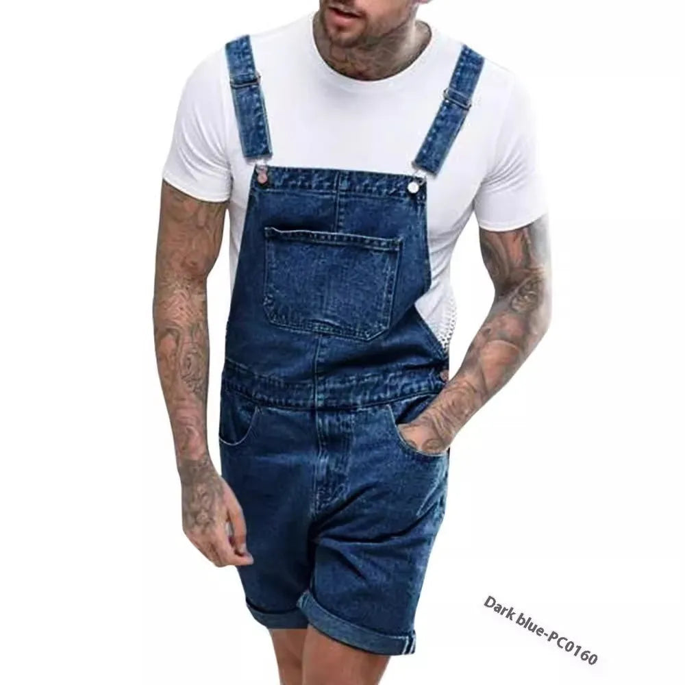 Youth denim suspender pants in black with elastic waist and suspender straps, shorts length with zipper fly