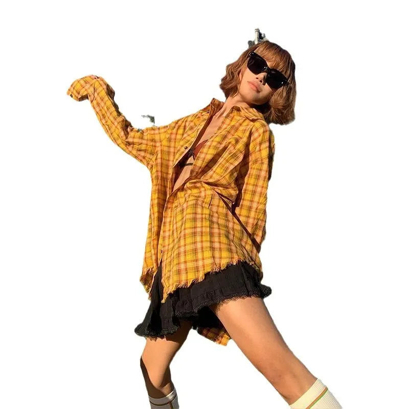 Dopamine yellow plaid shirt with loose cardigan style, sizes M to 2XL, 80-thread count chemical fibre blend