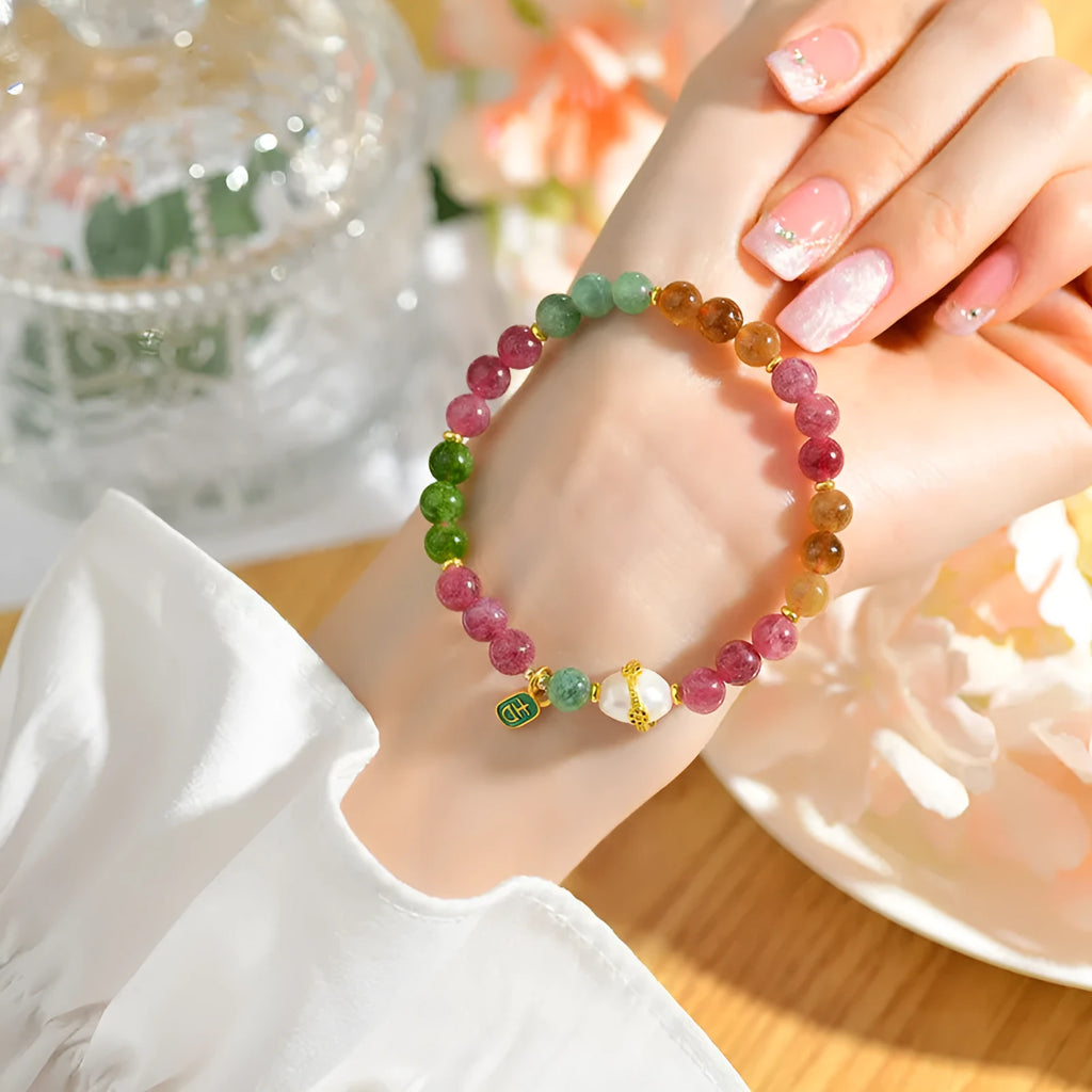 Geometric tourmaline and chalcedony crystal bracelet with 6.5mm beads