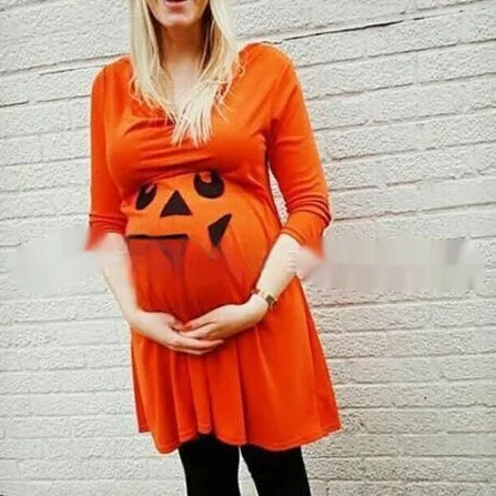 Orange maternity dress in cotton fabric, sizes S to 5XL, for Halloween and seasonal wear
