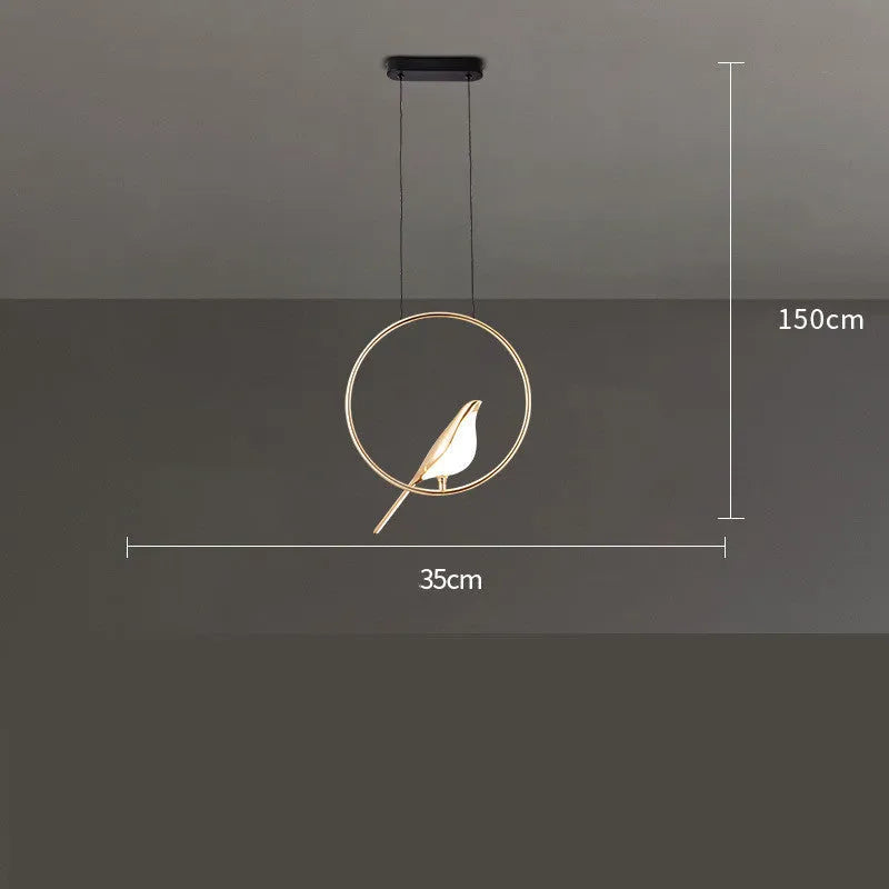 Modern minimalist magpie bird chandelier with LED lighting, measuring 35cm long by 150cm high