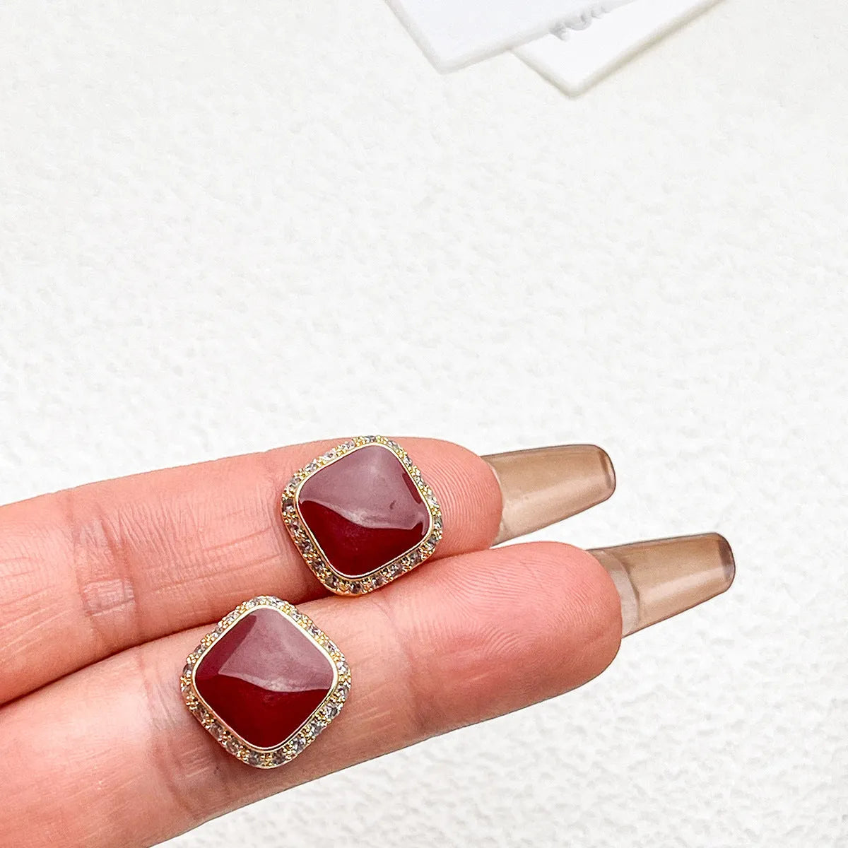 Retro red geometric square plate earrings with alloy construction and inlaid design