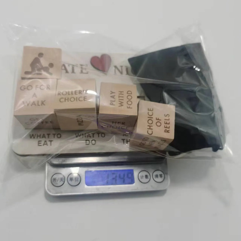 Wooden date night dice set with five dice, date planner board, and black storage bag