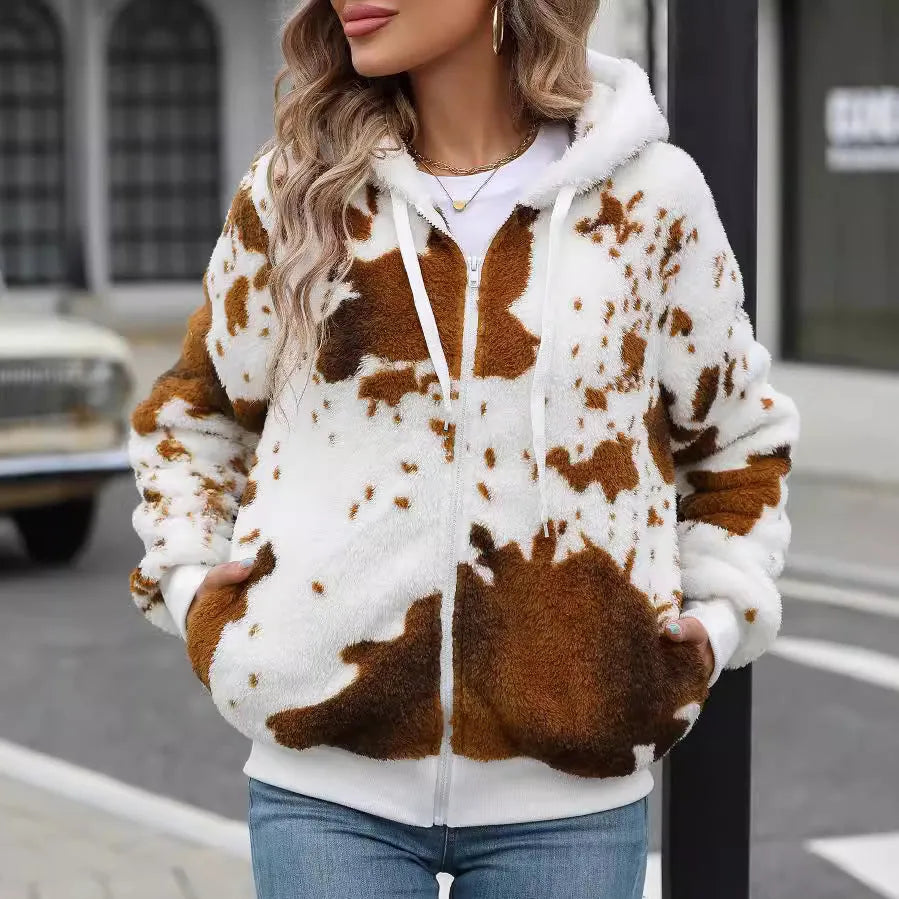 Yellow brown cow animal print hooded zipper cardigan jacket with plush texture and regular sleeves