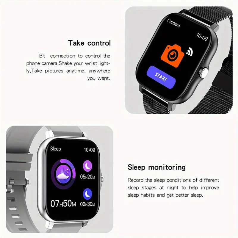 Smart watch with 144-inch touch screen, silicone strap, displaying fitness data and Bluetooth calling interface