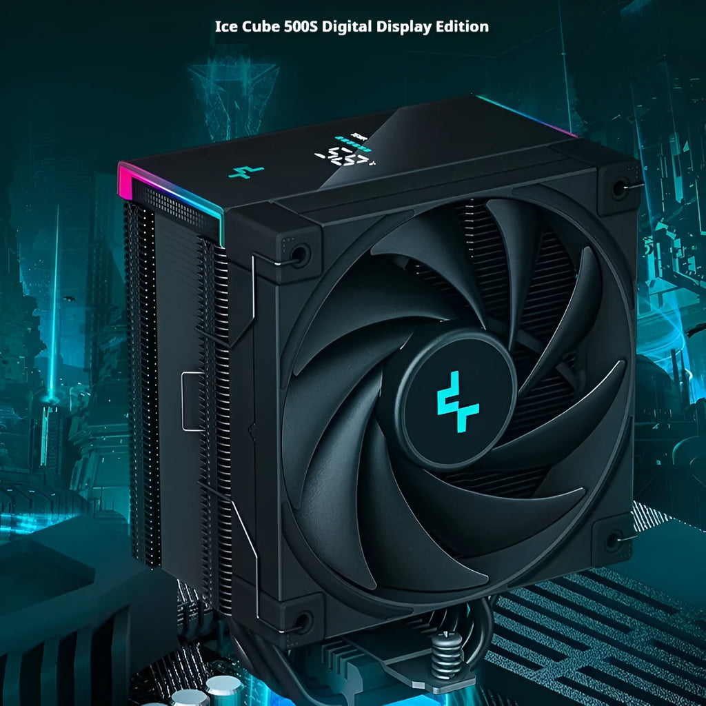 Black twin tower CPU air cooler with digital temperature display and dual fans installed on a motherboard.