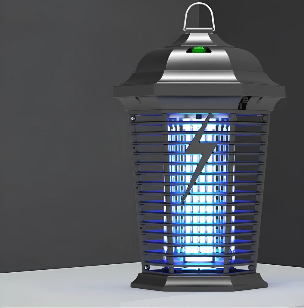 Black outdoor electric mosquito killer lamp with UV light and protective grid.
