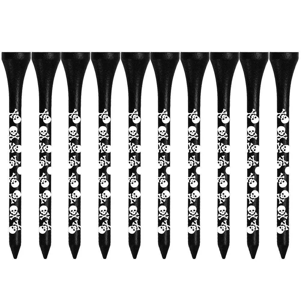 Ten black bamboo golf spike dowel pins with skull print, shown in 70mm and 83mm lengths.