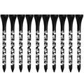 Ten black bamboo golf spike dowel pins with skull print, shown in 70mm and 83mm lengths.