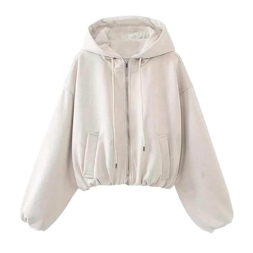 Women's black suede hooded jacket casual outerwear shown front view