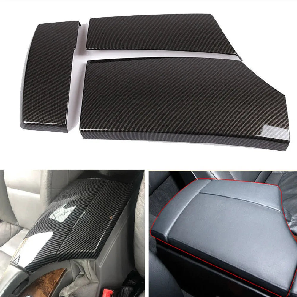 Three ABS carbon fibre pattern armrest covers showing diagonal weave texture and polished surface
