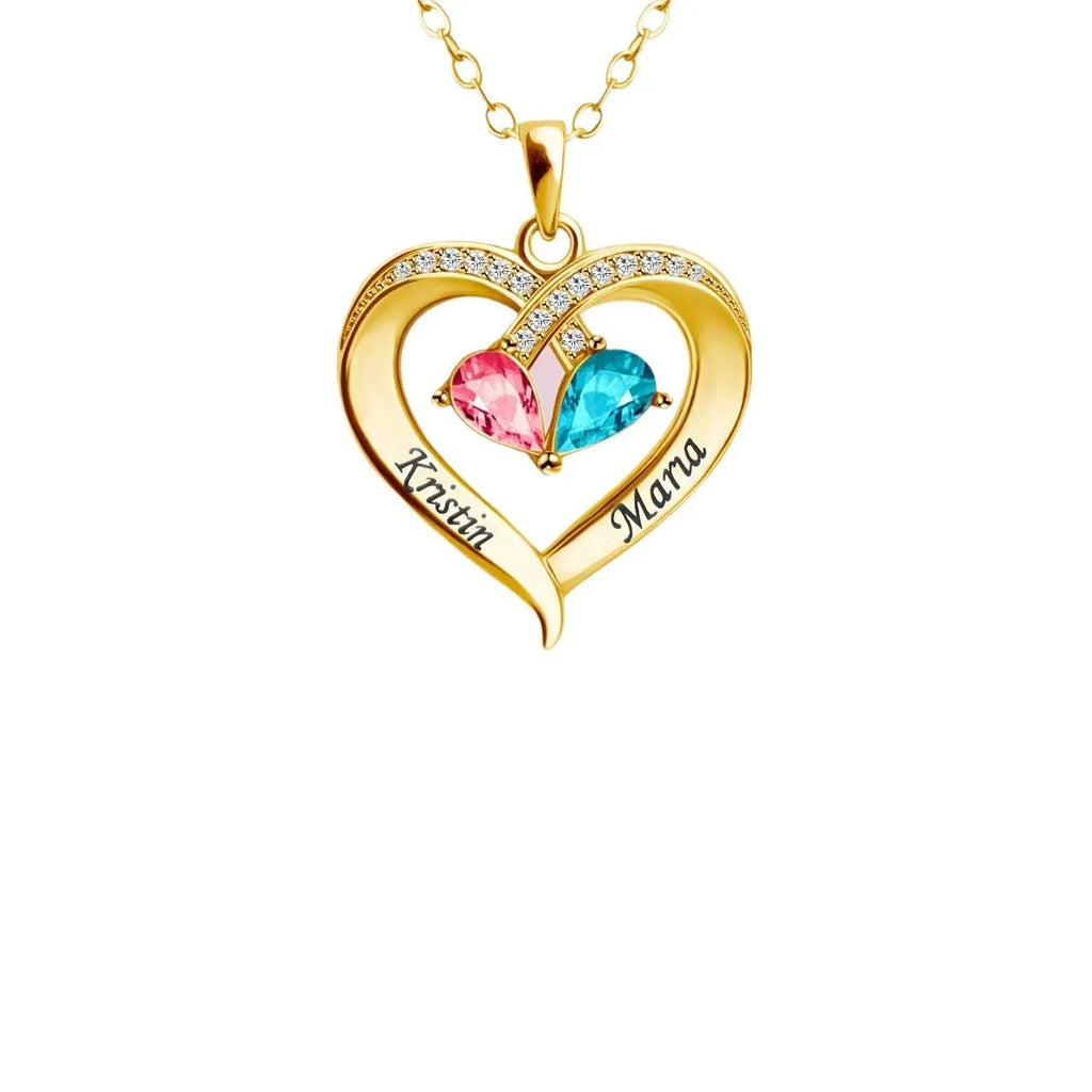 Two-colour water drop heart shape pendant necklace with diamond and birthstone on a gold chain.