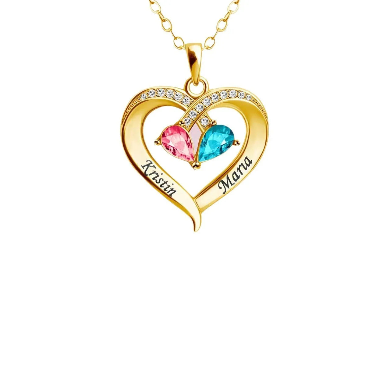 Two-colour water drop heart shape pendant necklace with diamond and birthstone on a gold chain.