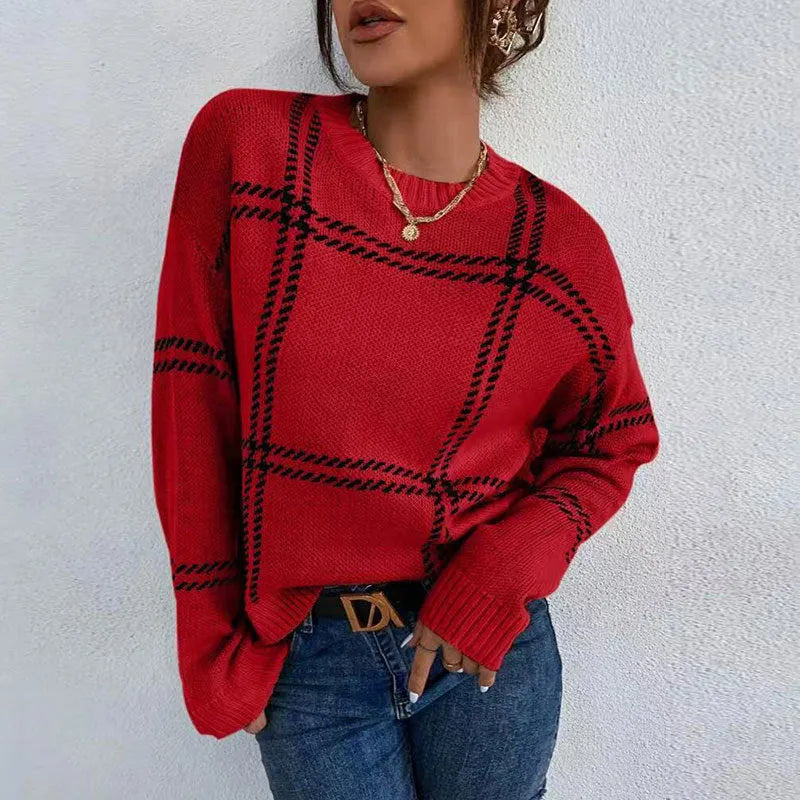 Women's plaid colour-block crew neck sweater showing apricot, black, beige, red, and green stripe options