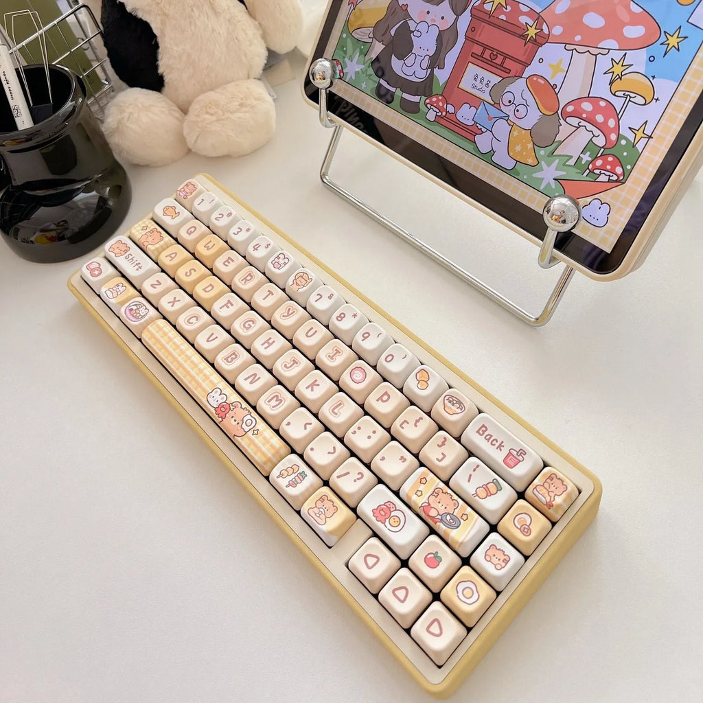 Rabbit Bear Restaurant themed keycaps with EOA height profile, made from PBT plastic using heat sublimation printing
