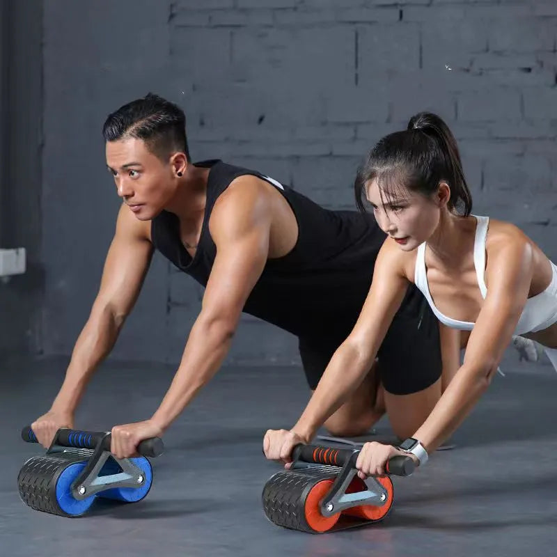 Double wheel abdominal exerciser with automatic rebound, blue orange red ABS ab roller with kneeling pad