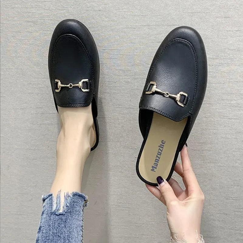 Women's PVC closed-toe slippers with buckle fastening in black, brown or white colours