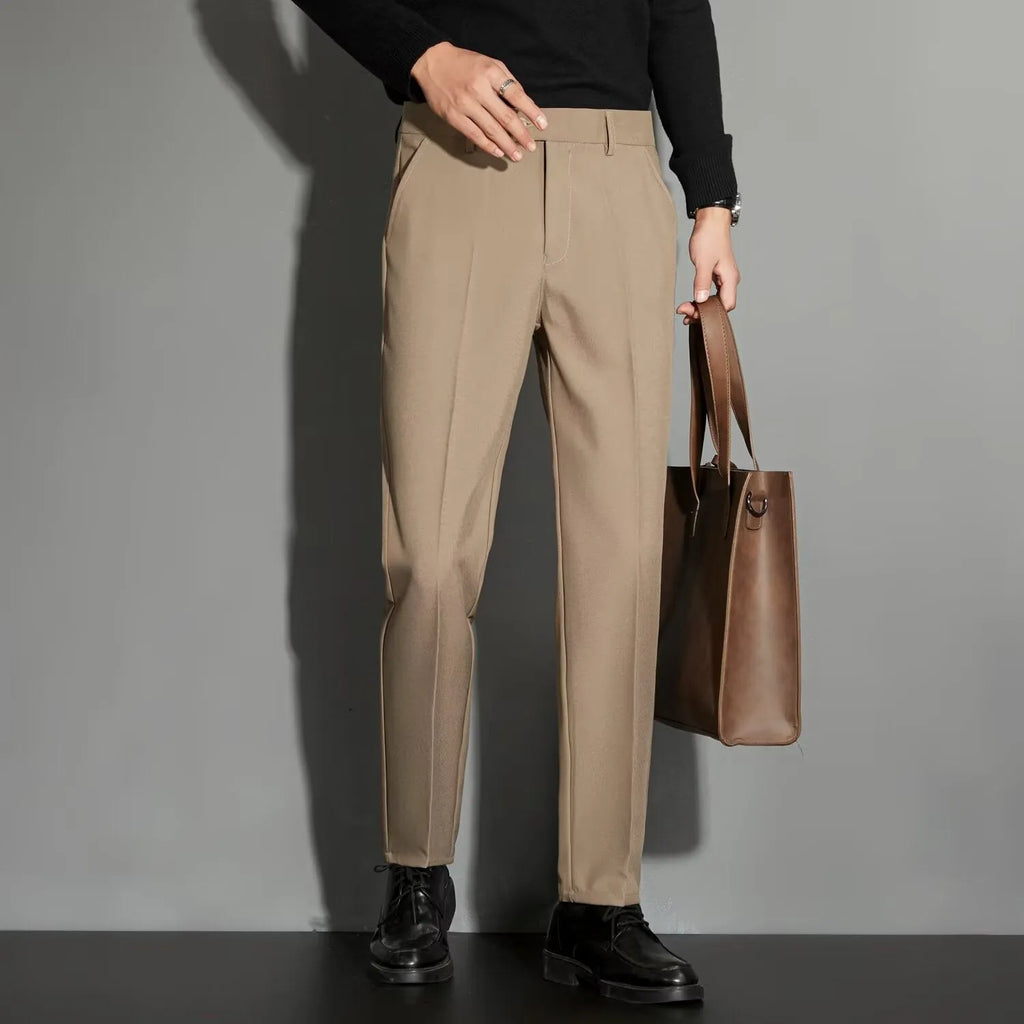 Men's straight-leg suit trousers with spring draping effect in apricot colour, showing waist to ankle design