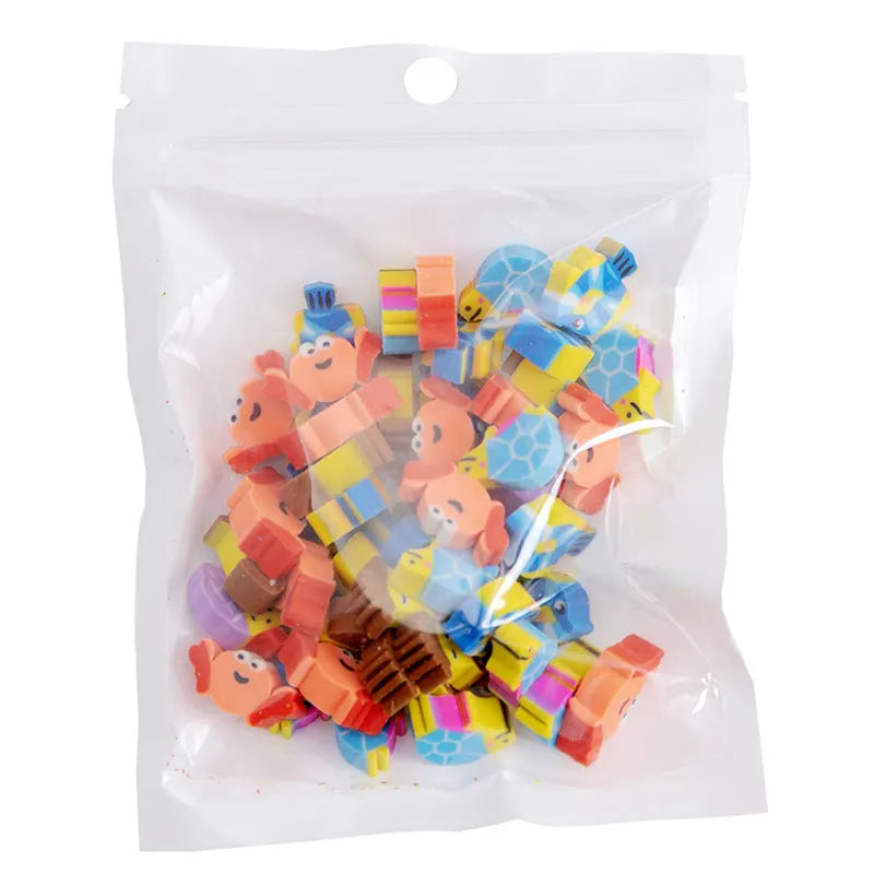 Open pearlescent film bag showing 50 small colourful cartoon fruit and theme erasers, each measuring 1-1.5 cm.