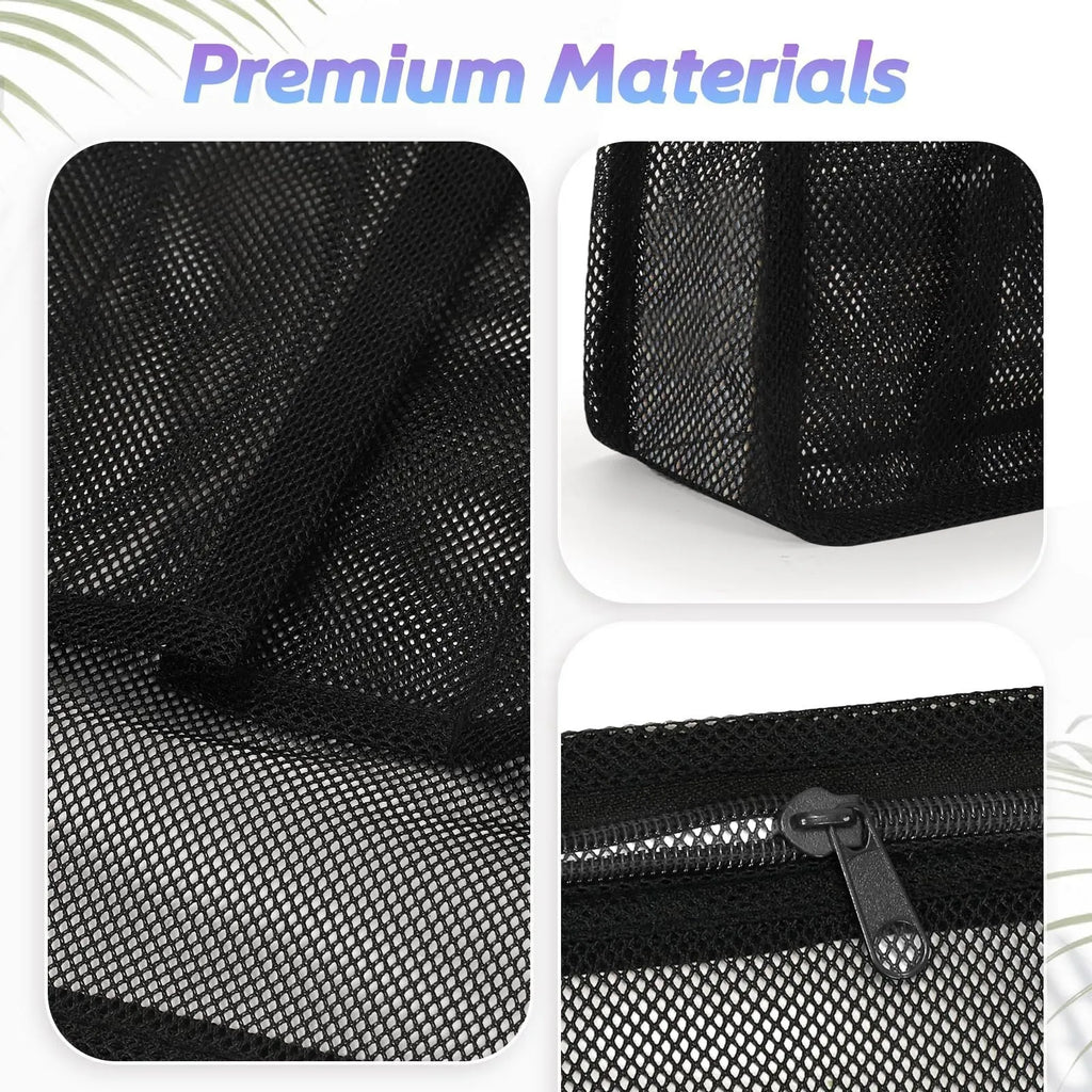 Black swimming gym bag with dry wet separation compartments and mesh pocket for sports gear organisation