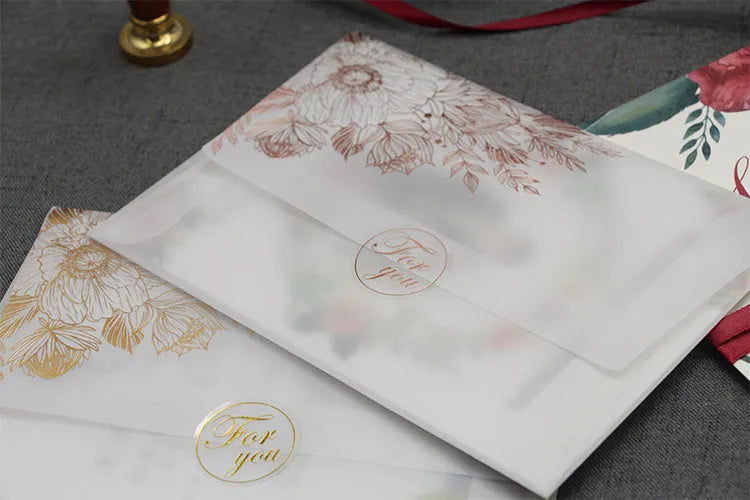 Sulphuric acid paper invitation cards with bronzing matte varnish in gold and rose gold colours