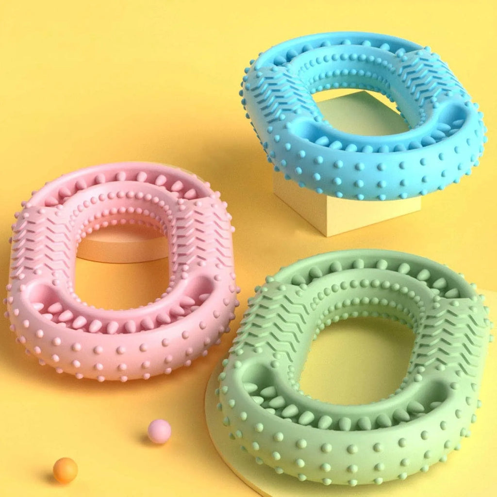 Blue O-ring shape pet toy for dog chewing teeth, measuring 12.5cm by 8.6cm, on a white background