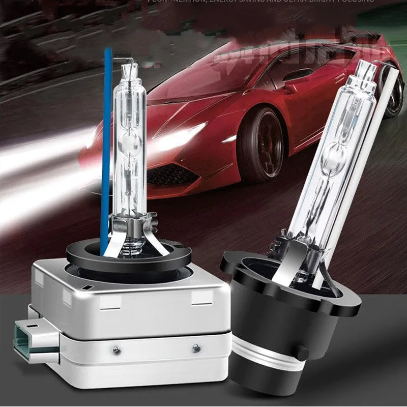 Xenon automotive lens lamp with aluminium alloy shell and quartz tube, showing D1S/D1R specifications for vehicle lighting systems