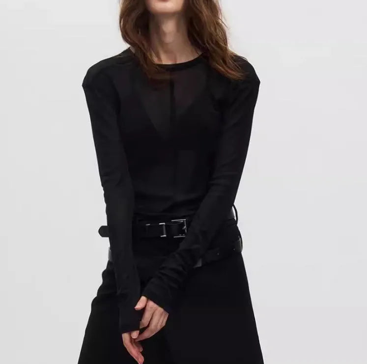 Mesh see-through texture slim-fit black pullover long sleeve with round collar, ultra-thin PU fabric