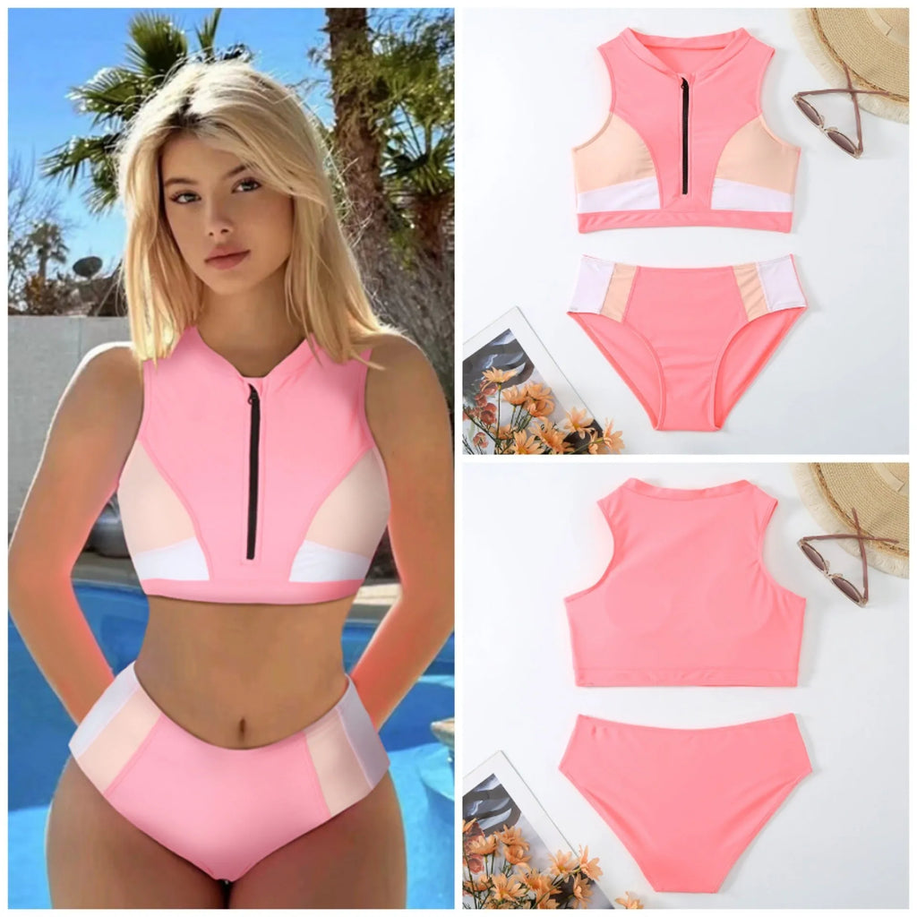 Pink high-waist split bikini swimsuit with ammonia mesh lining, showing front and back views