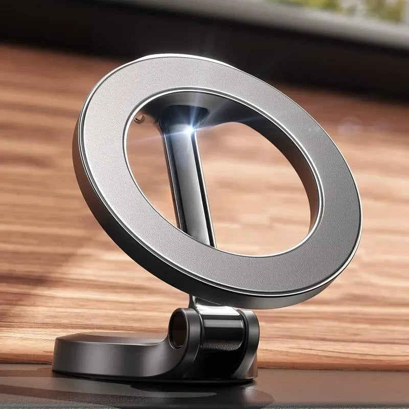 All-metal foldable magnetic car phone mount in Qian colour showing compact folded position and dashboard mounting