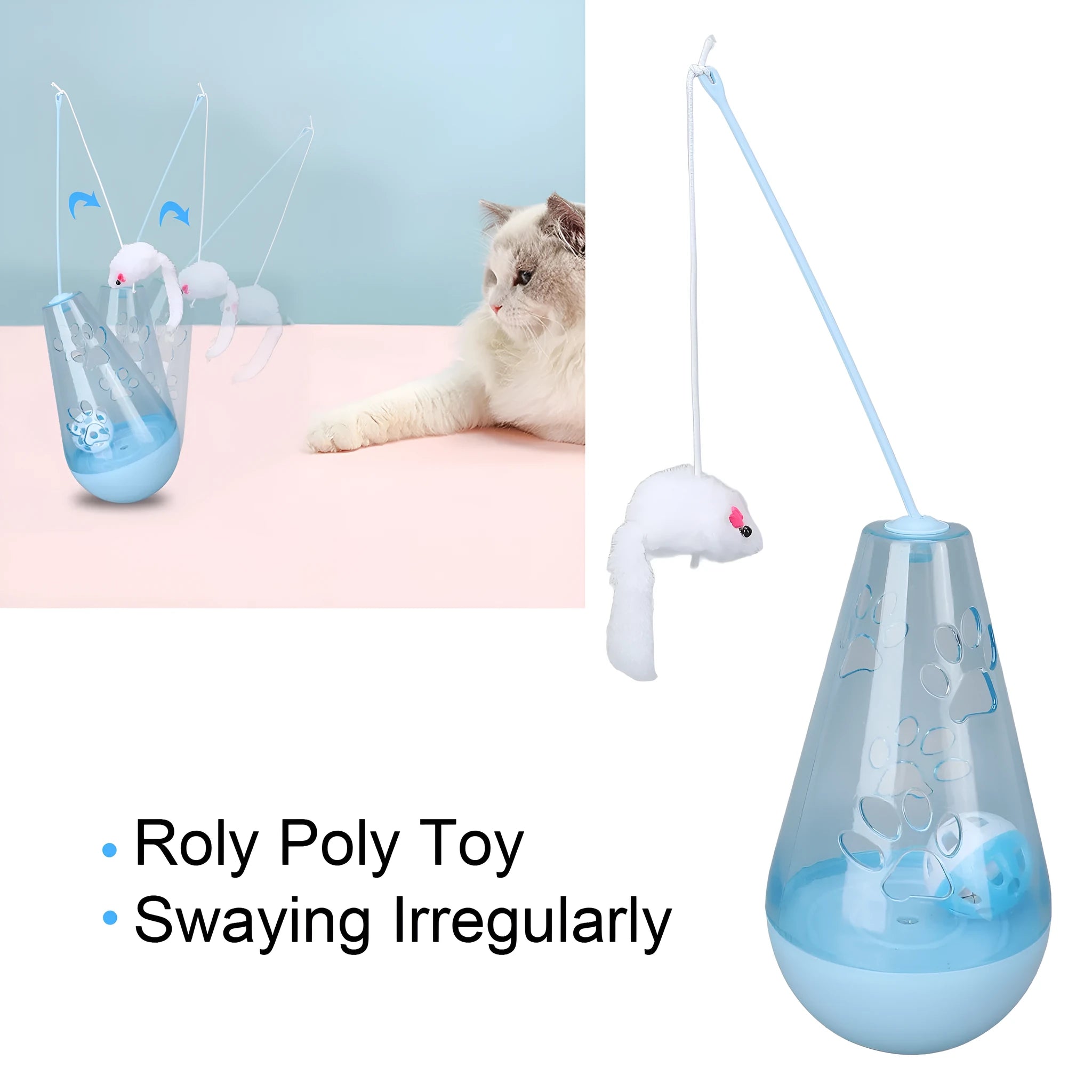 Interactive cat toy with bell ball and plush mouse stick on blue background