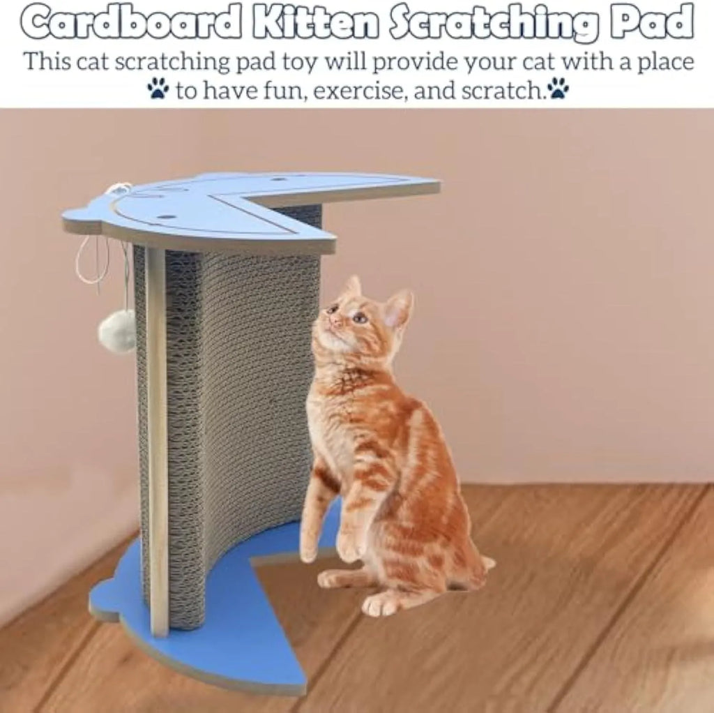 White corner cat scratcher with replaceable cardboard pad and hanging ball for furniture protection