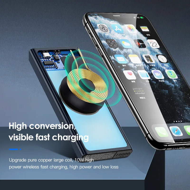 Black and blue alloy-cased portable power bank with wireless charging surface and 10000mAh capacity