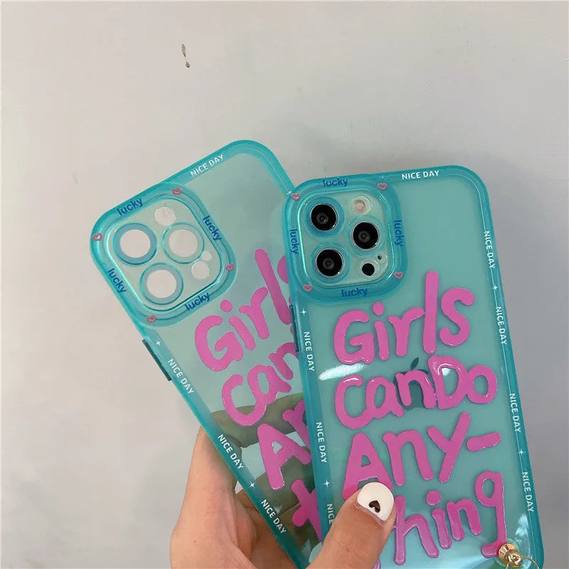 Graffiti design personalised TPU phone case with attached lanyard for Apple iPhone in mint green colour
