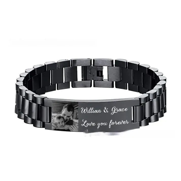 Titanium steel heart-shaped bracelet with black lettering on a curved band.