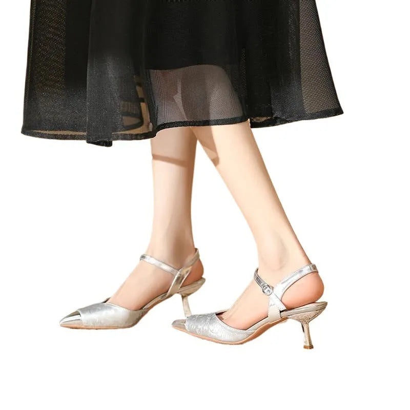 Women's leather high-heeled sandals with pointed toe and 6CM heel in four colour options