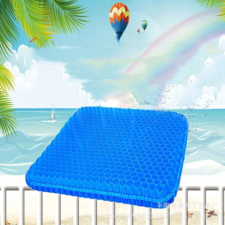 Summer gel seat cushion with honeycomb design for pressure relief and cooling, measuring 24.5cm by 17.5cm by 3cm