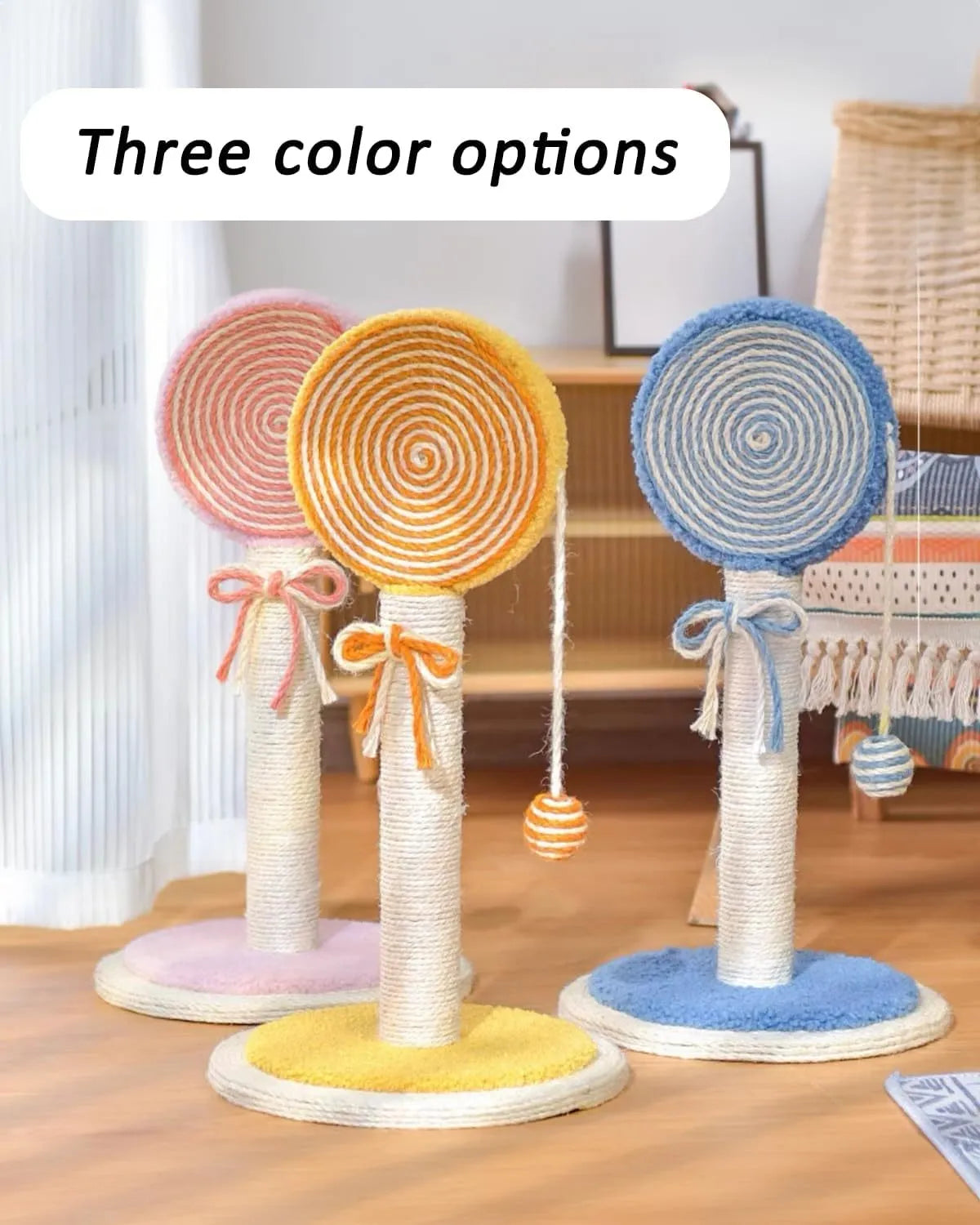 Blue cat scratching post with hanging ball, 32cm tall, on stable base, made of natural sisal rope